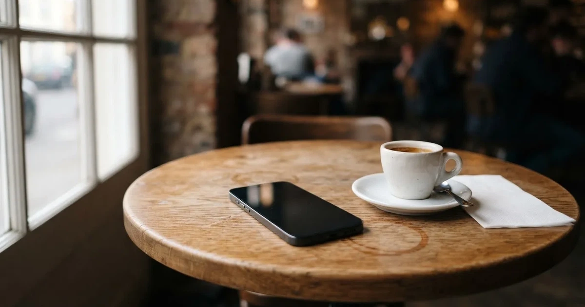 Smartfon z ciemnym ekranem leży na drewnianym stoliku w kawiarni obok małej filiżanki kawy, w miękkim świetle z okna.
