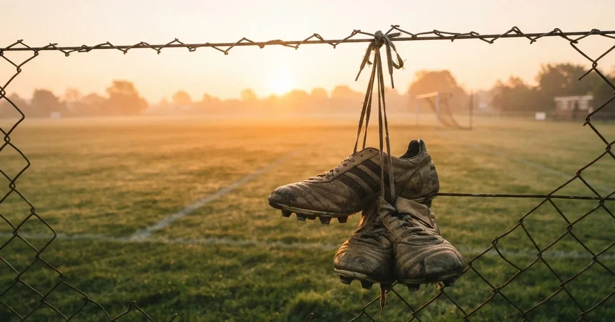 Znoszone buty piłkarskie zawieszone za sznurówki na drucianym płocie na skraju boiska treningowego o wschodzie słońca.