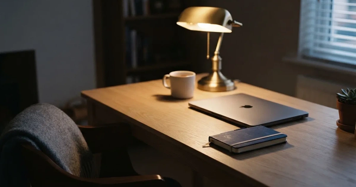 Zamknięty laptop i mały notes leżą na uporządkowanym domowym biurku obok lampki biurkowej.