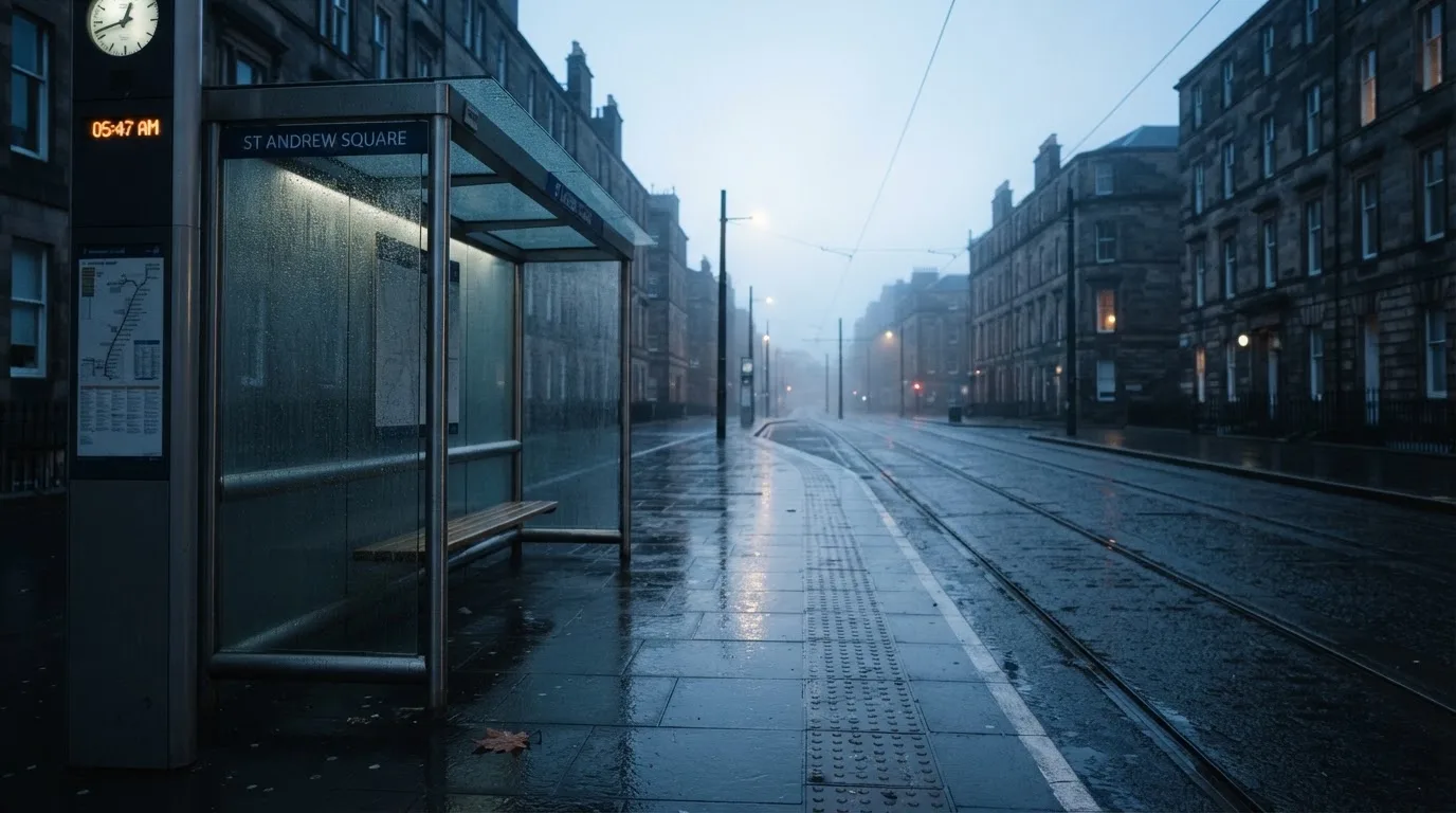 Pusta wiata przystanku tramwajowego na miejskiej ulicy o świcie, pusta ławka i mokry chodnik.