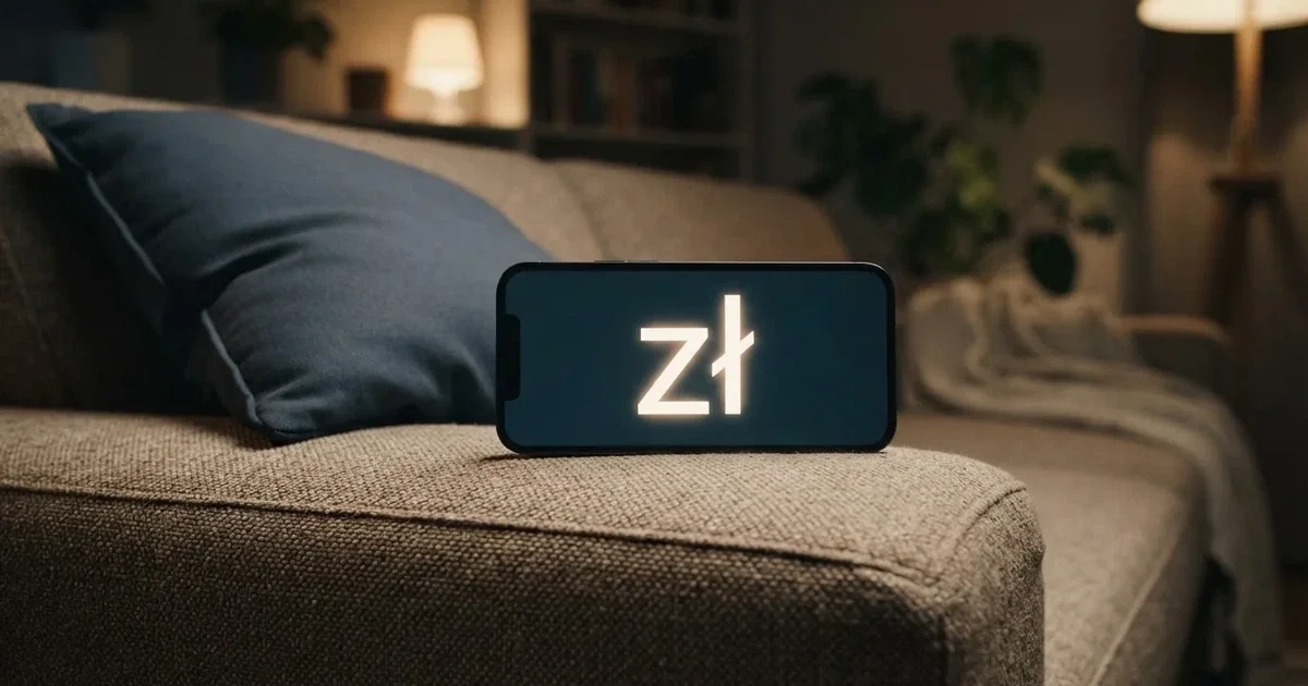 Smartfon z ciemnym wyświetlaczem leży na poręczy sofy obok poduszki w ciepłym świetle lampy.
