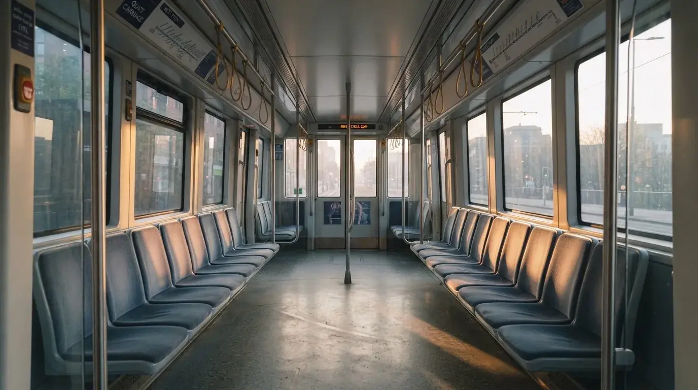 Wnętrze pustego tramwaju z rzędami siedzeń i poręczą w porannym świetle.