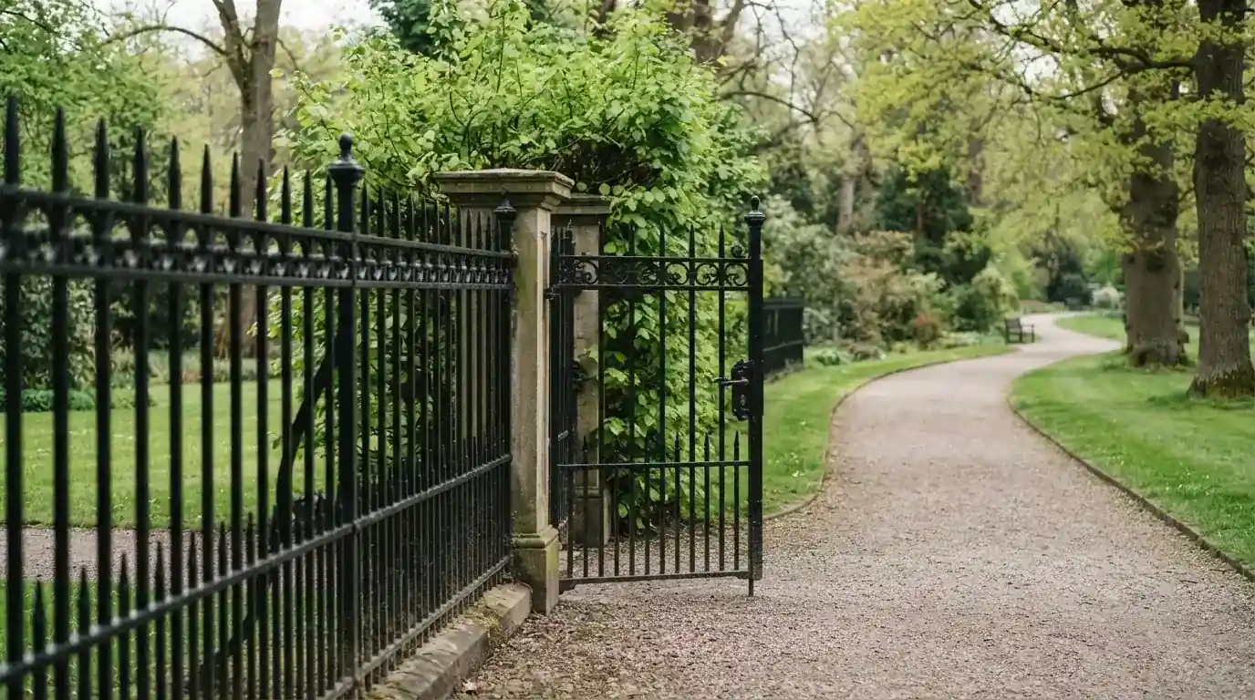 Czarny żelazny płot z zamkniętą furtką na alejce w zielonym parku.