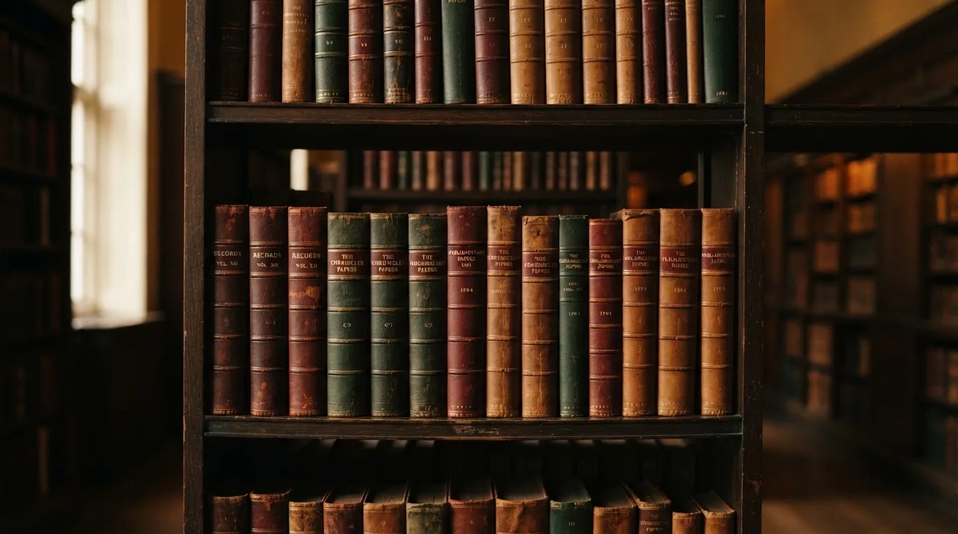 Regał z zamkniętymi książkami w skórzanych oprawach w cichej bibliotece, światło pada z boku.