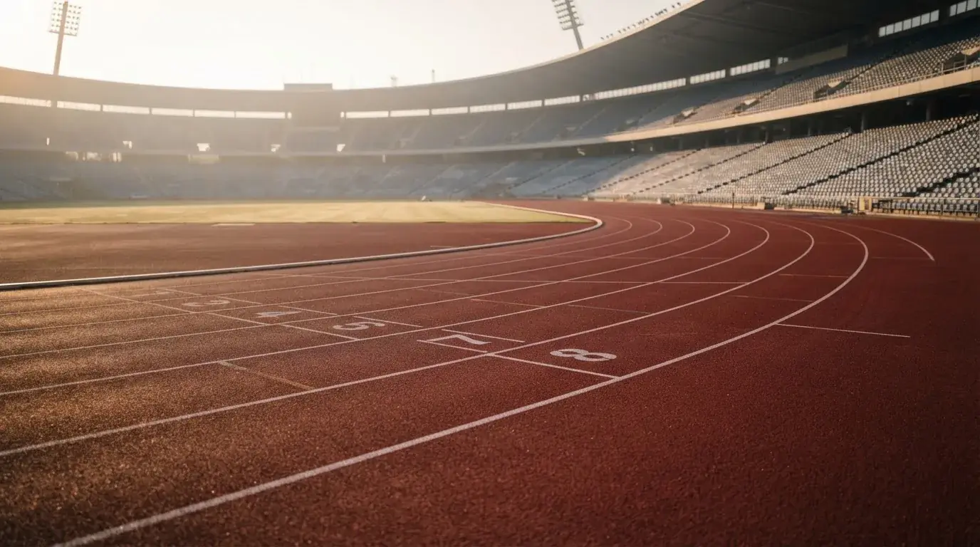 Bieżnia lekkoatletyczna wygięta w łuk pustego stadionu w porannym słońcu.