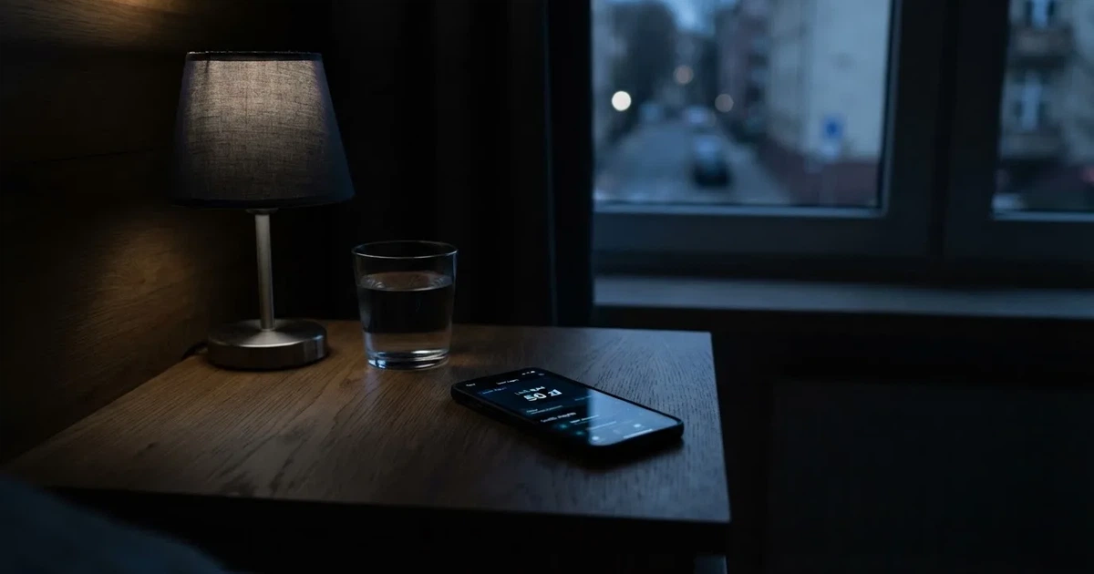 Zgaszona lampka nocna i szklanka wody na stoliku w ciemnym pokoju, za oknem blade światło ulicy.