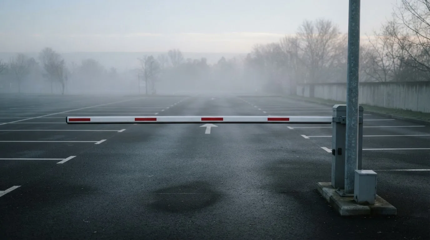 Szlaban w poziomie przy wjeździe na pusty parking o świcie, mgła nad asfaltem.