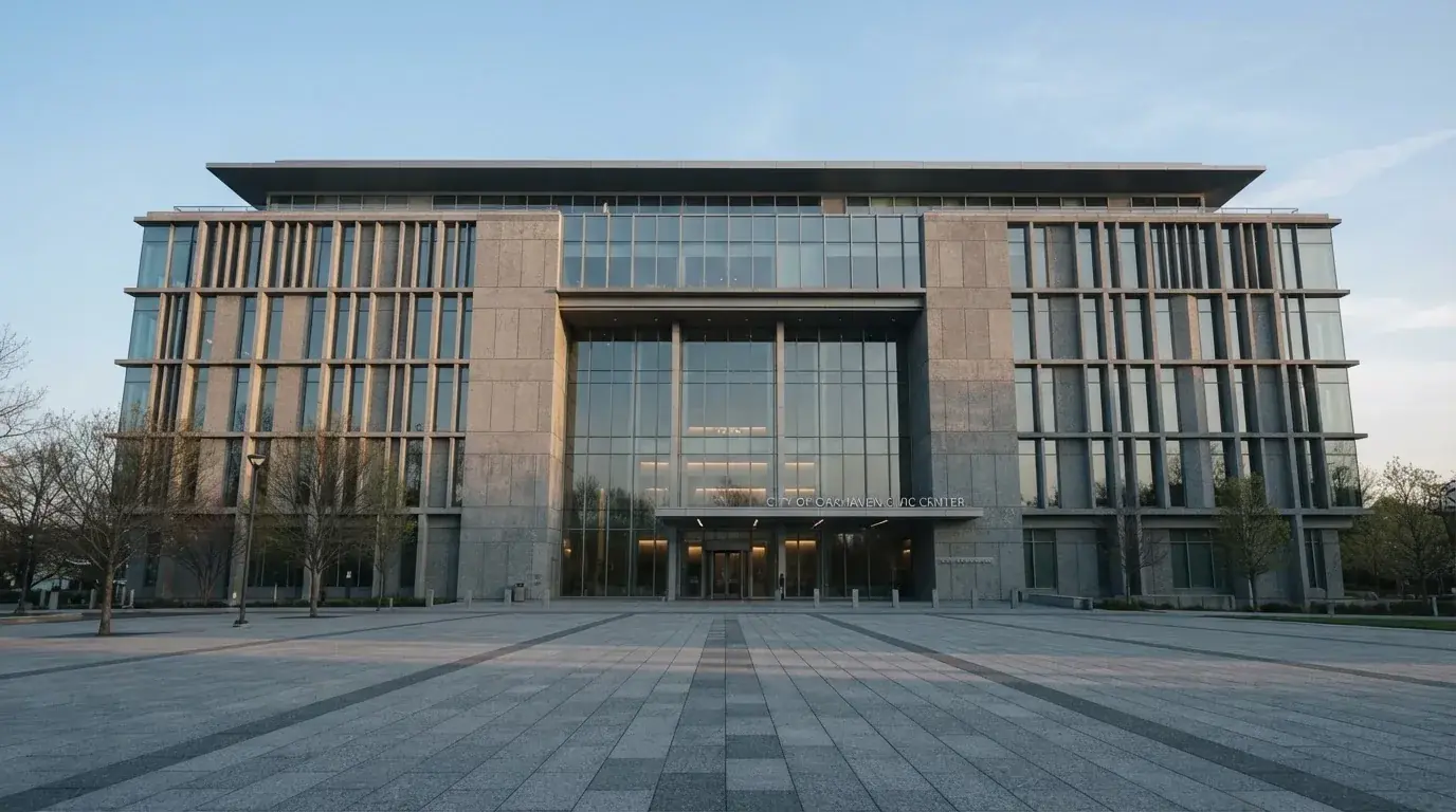 Nowoczesny budynek z szarego betonu i szkła o poranku, szeroki plac przed wejściem, żadnych przechodniów.