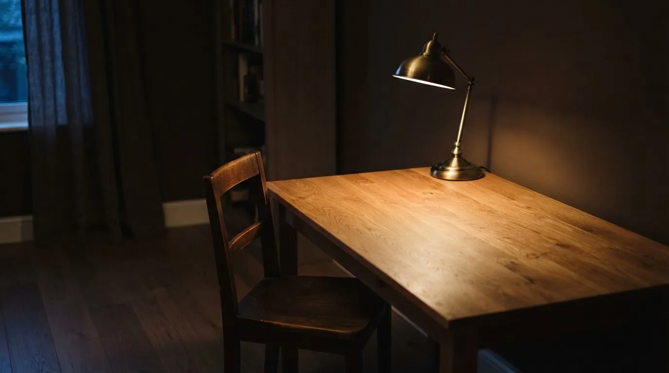 Lampa biurkowa świecąca na pustym drewnianym biurku w cichym gabinecie wieczorem, obok puste krzesło.
