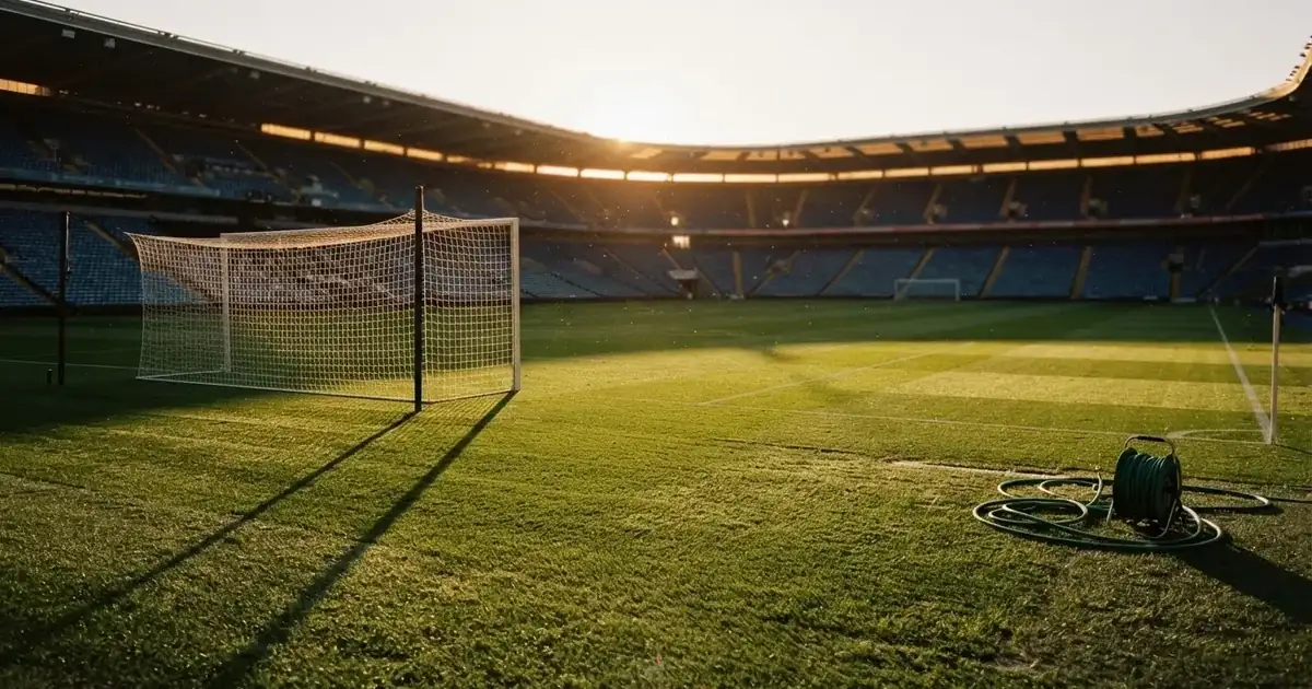 Murawa stadionu o zachodzie słońca z długimi cieniami słupków bramki, trybuny w ciepłym świetle.
