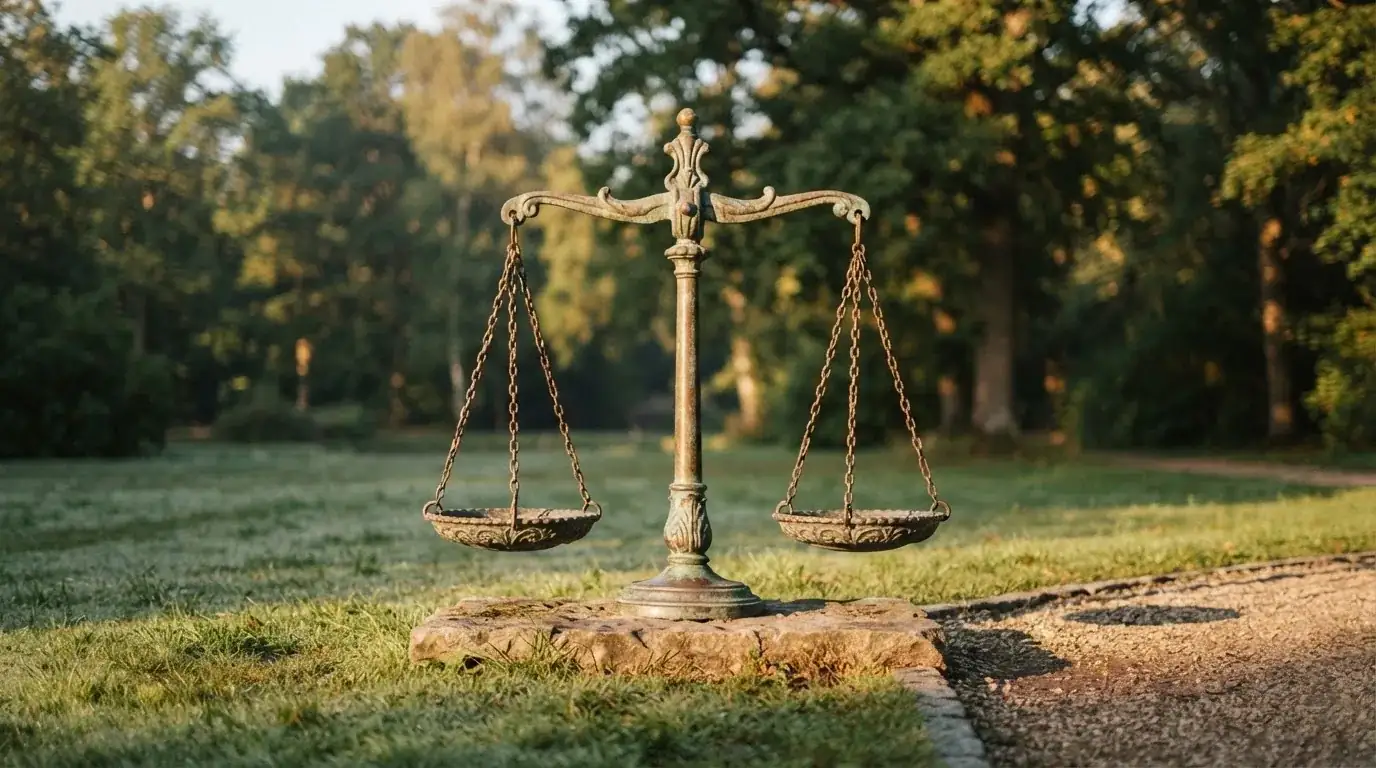 Rzeźba w brązie przedstawiająca wagę szalkową na kamiennym cokole w parku, poranne światło.