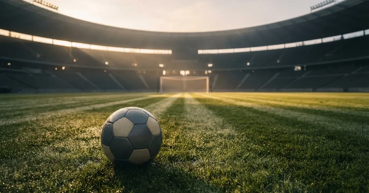 Samotna piłka na murawie ogromnego stadionu o świcie po zakończonej imprezie, trybuny puste.